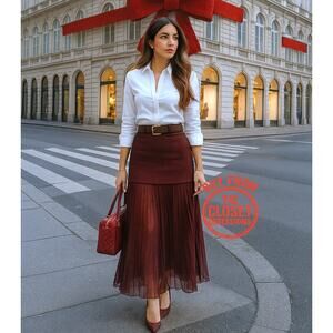 ZARA High-Waisted Pleated Skirt NWT | Burgundy Midi Mixed Media M